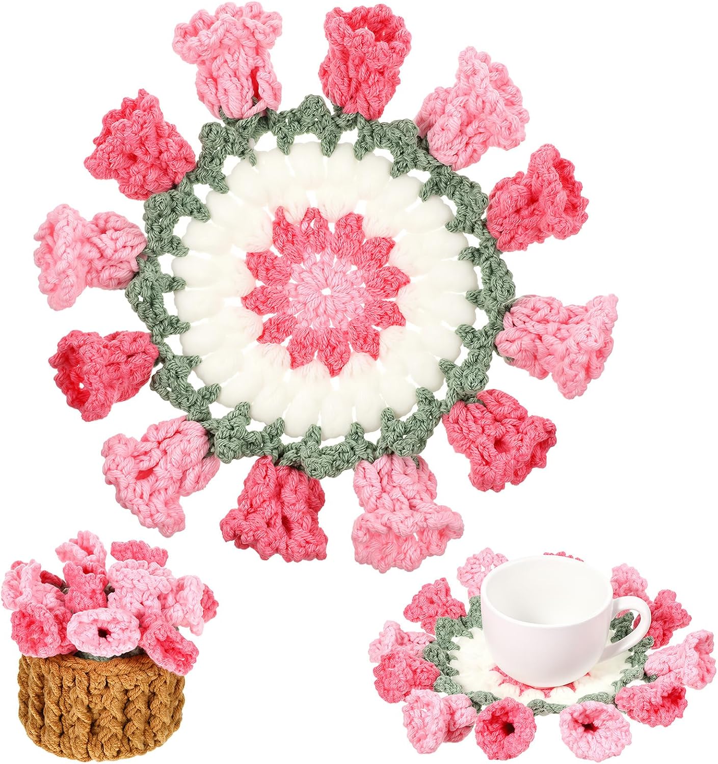 Flower Crochet Coasters Set with Mini Basket, Knitting Pink Rose Potted Plants, Handmade Bouquet Blanket Coaster, Fun Soft Floral Table Decorative for Coffee Table Wedding Gift Housewarming Birthday