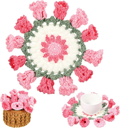 Flower Crochet Coasters Set with Mini Basket, Knitting Pink Rose Potted Plants, Handmade Bouquet Blanket Coaster, Fun Soft Floral Table Decorative for Coffee Table Wedding Gift Housewarming Birthday