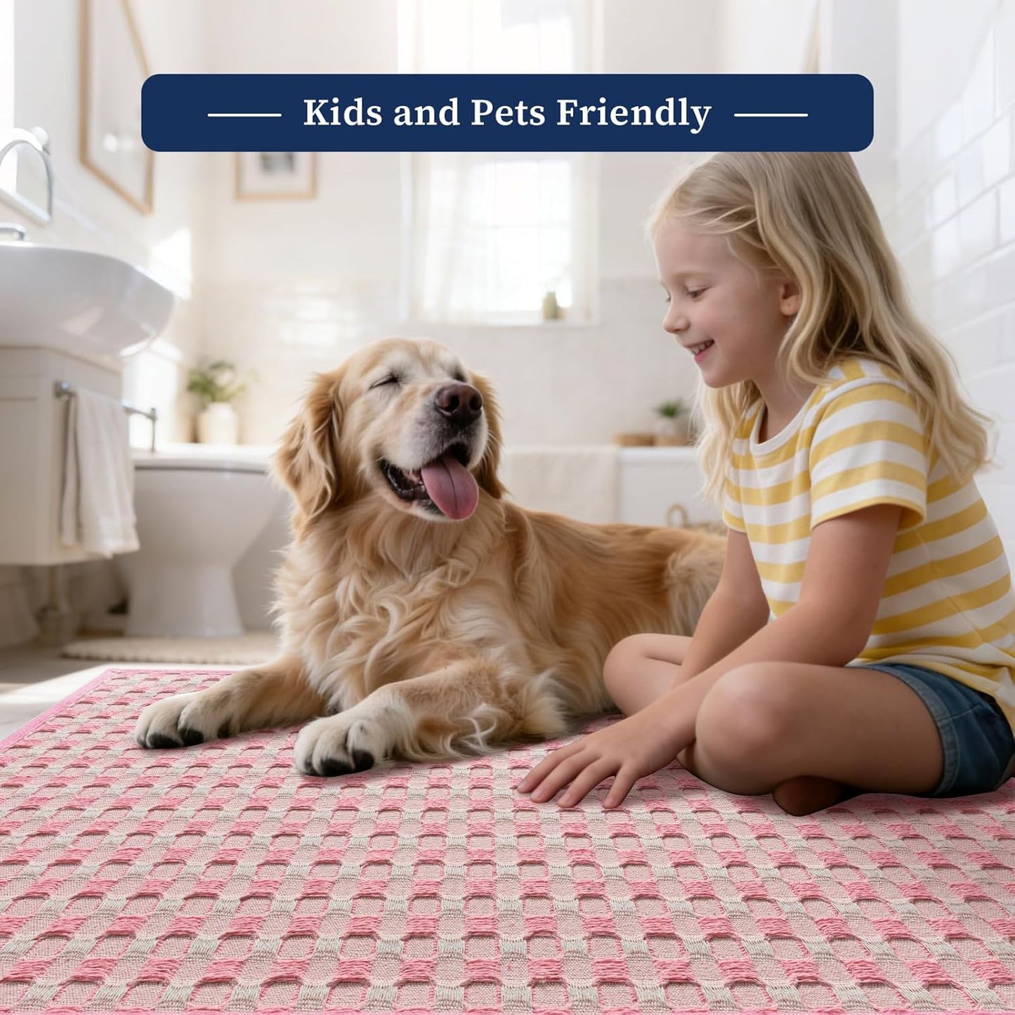 YIHOUSE Bathroom Rugs 16" x 24", Ultra Thin Checkered Weave Bath Mat - Soft Absorbent Quick Dry Bath Mat, Machine Washable Non Slip Bath Rugs for Bathroom, Shower and Tub, Pink White