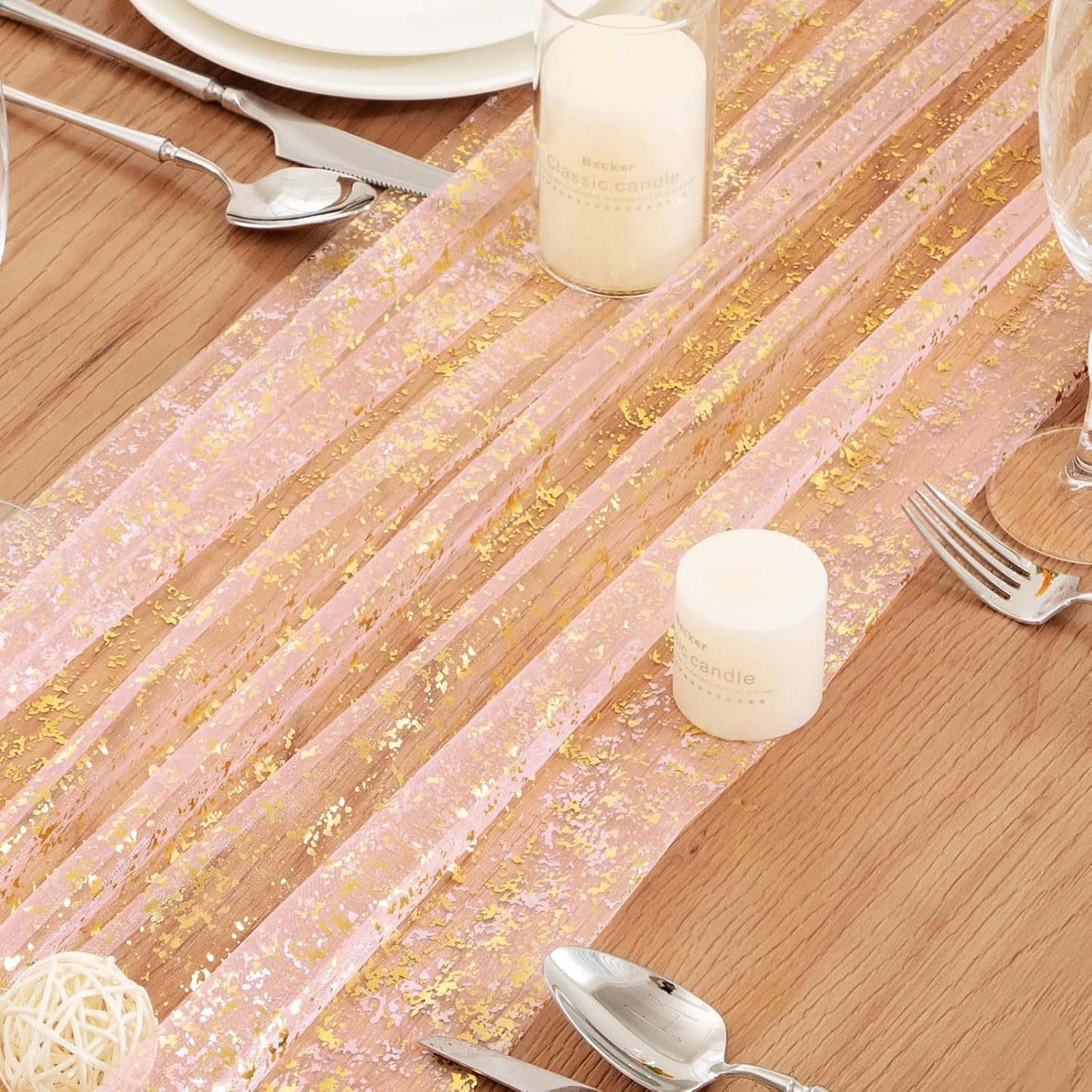 P Pothuiny 2 Pcs Light Pink Table Runner 28 x 120 Inch, Glitter Metallic Foil Tulle Table Runner Party Golden Sheer Gauze Table Decor for Wedding Birthday Christmas Anniversary