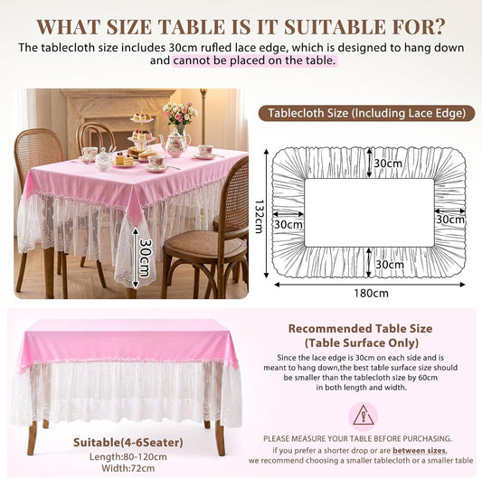 Mindsoft Pink Lace Ruffle Tablecloth 52 x 70 Inch, French Floral Edge Rectangular Table Cover, Washable Polyester Table Linen for Tea Party Baby Shower Bridal Shower Wedding Dessert Tables Decor