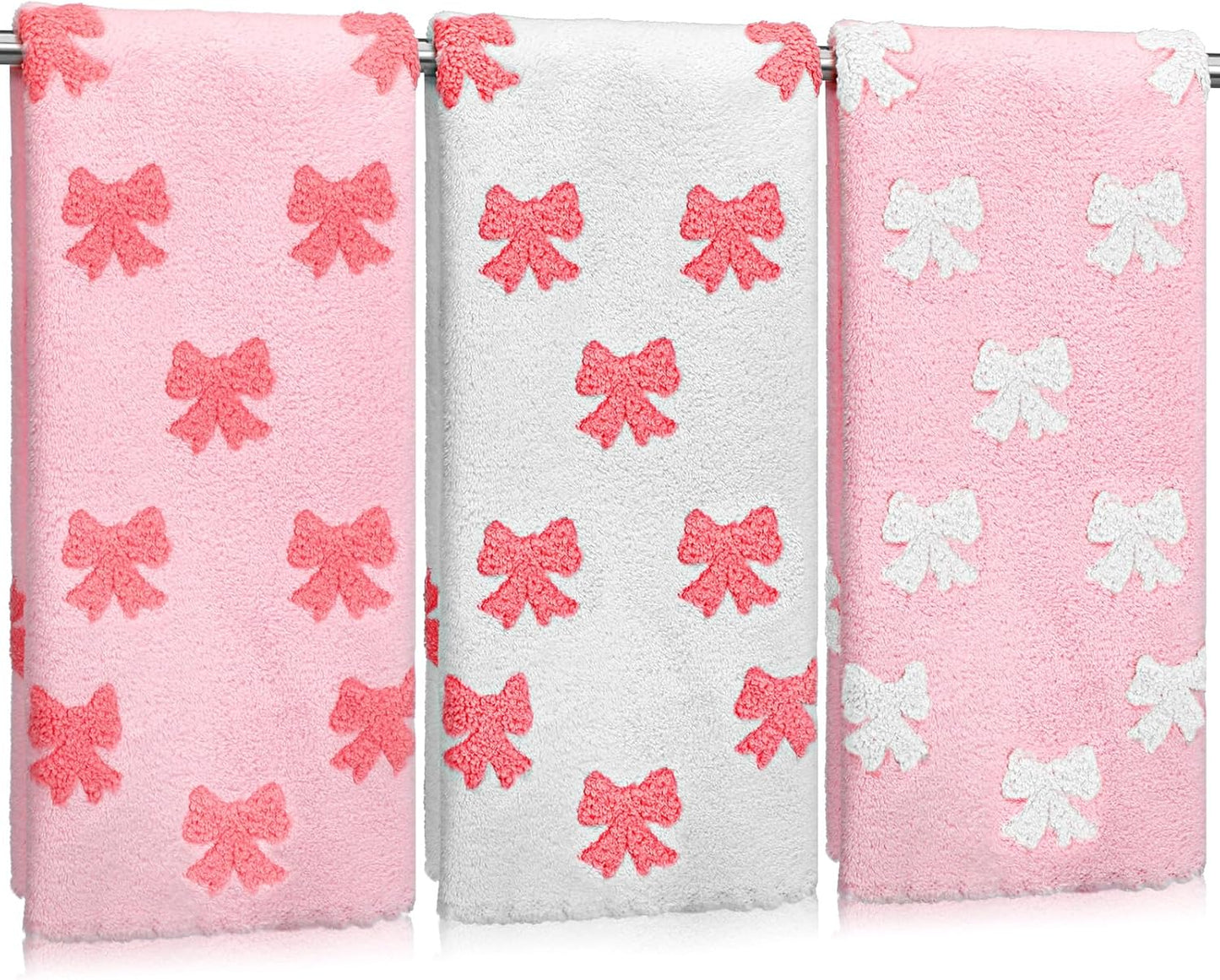 FuWeave 3 Pcs Pink Hand Towels for Bathroom Coquette Bow Hand Towels Cotton Preppy Embroidered Decorative Bath Decor for Spa Gym Bathroom Kitchen Decor Gift Supplies 13. 7 x 29. 5 Inch