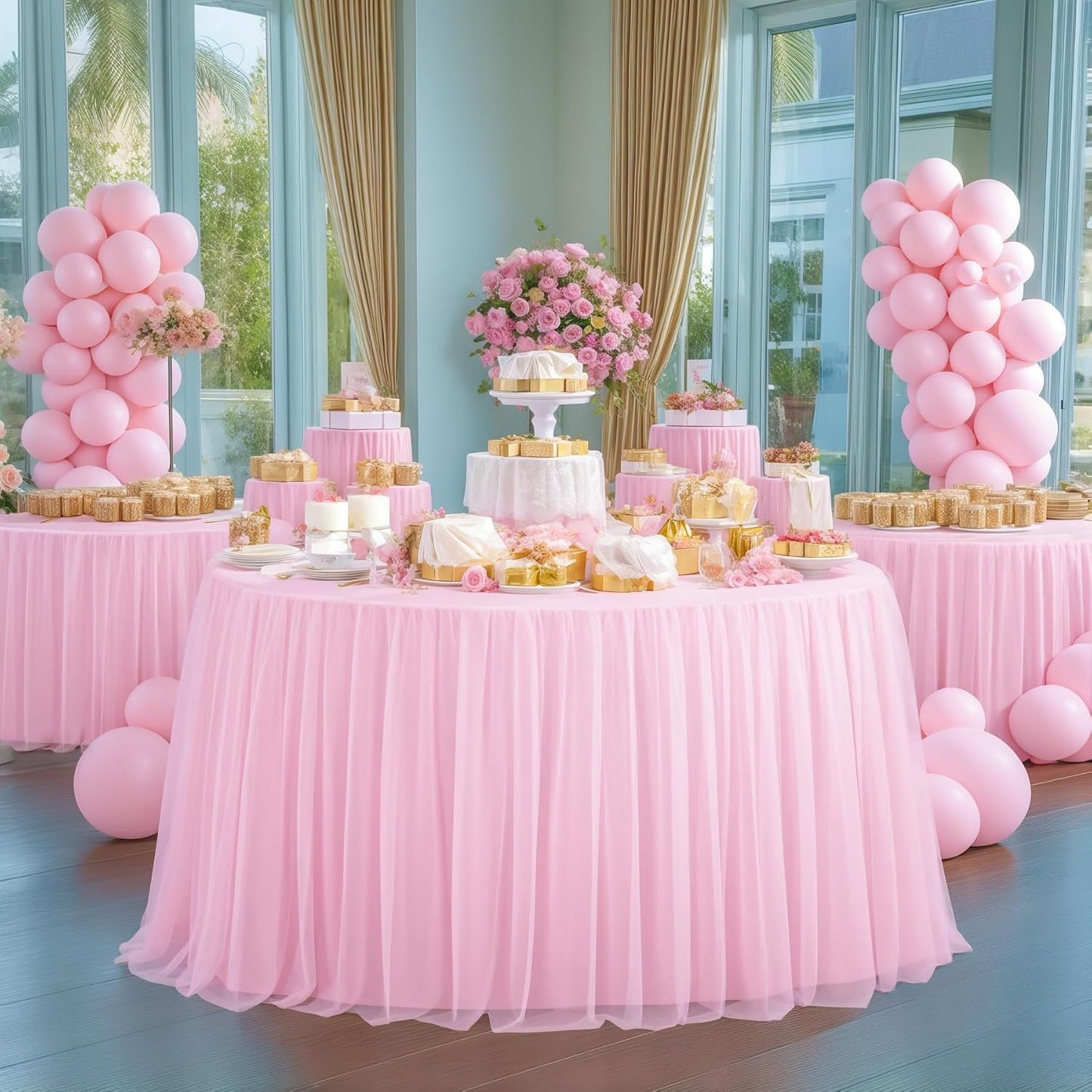 HB HBB MAGIC Light Pink Round Tablecloth 48 inch Stretchy Elastic Fitted Round Table Cloth Cover, Pink Table Cloths for Parties Tulle Table Cloth with Skirt Wedding Bridal Shower Tables Decoration