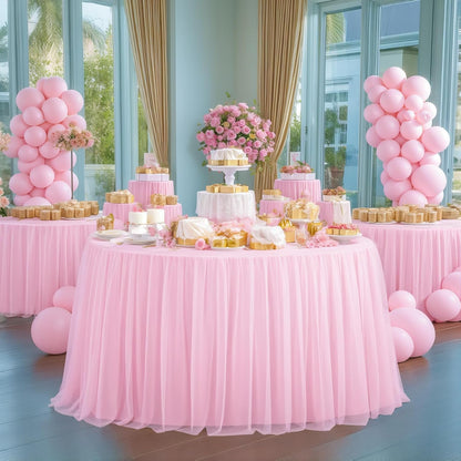 HB HBB MAGIC Light Pink Round Tablecloth 48 inch Stretchy Elastic Fitted Round Table Cloth Cover, Pink Table Cloths for Parties Tulle Table Cloth with Skirt Wedding Bridal Shower Tables Decoration