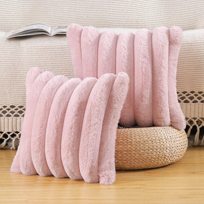 MADIZZ Plush Faux Wool Throw Pillow Covers 18x18 Inch Pink Set of 2 Fluffy Striped Soft Decorative Cushion Cover for Sofa Bedroom Pillow Shell