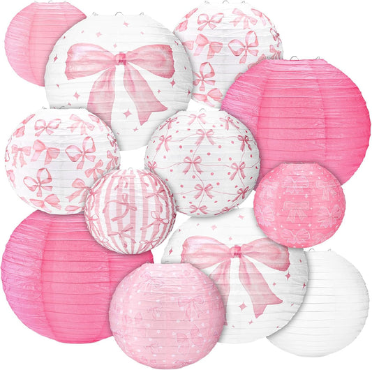 Glooglitter 12 Pcs Pink Bow Party Decorations Coquette Birthday Decorations Pink Bow Paper Lanterns Hanging Decor for Weddings Bachelorette Bridal Shower Engagement Party Supplies