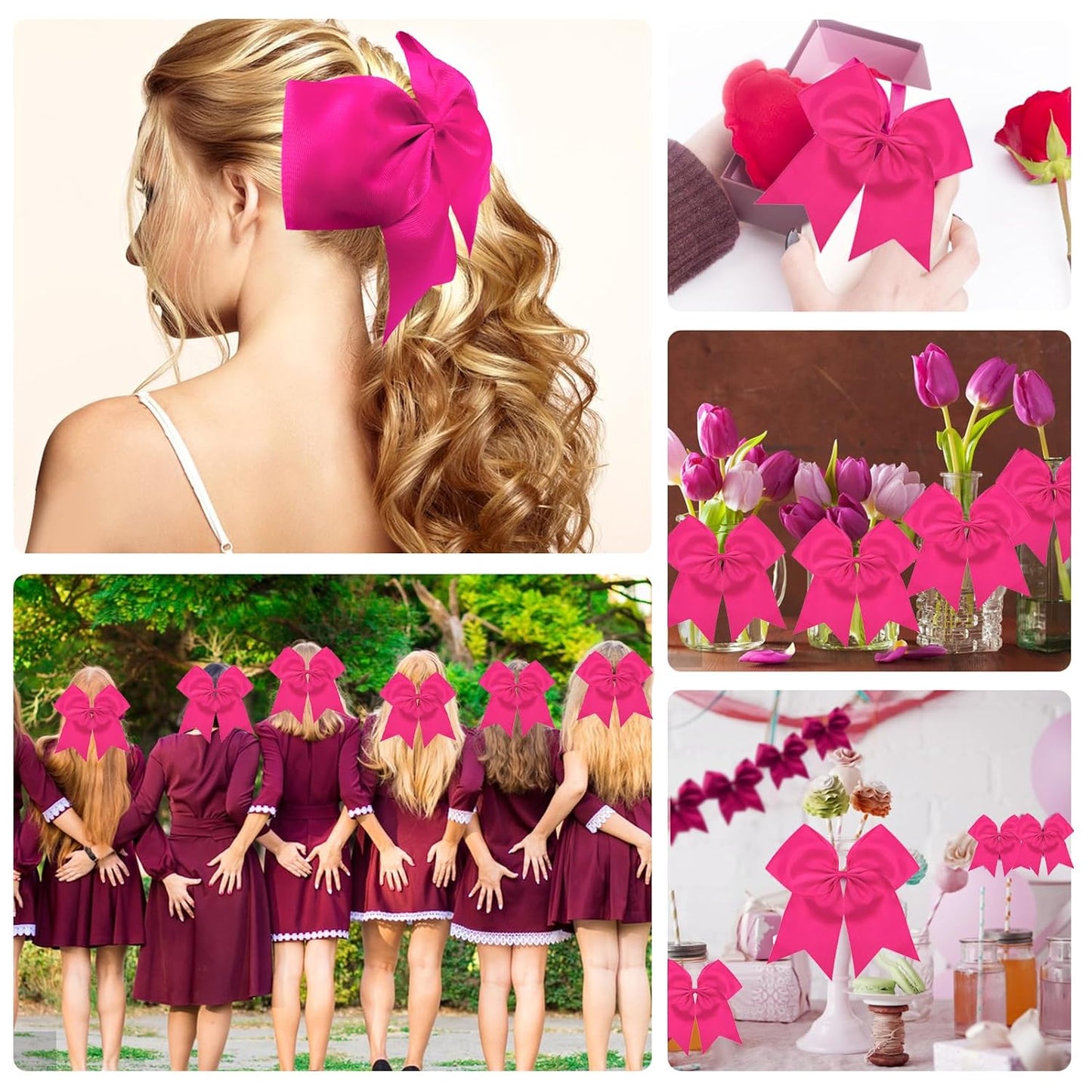 2pcs Large Cheering Bows 8 Inch Pink Cheerleading Bows with Elastics Hair Ties Bands Ponytail Holder for Cheerleader Softball Football Competition College Sport