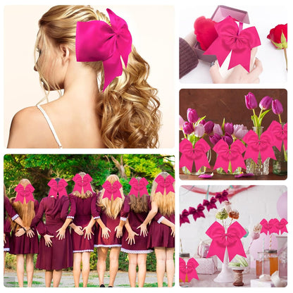 2pcs Large Cheering Bows 8 Inch Pink Cheerleading Bows with Elastics Hair Ties Bands Ponytail Holder for Cheerleader Softball Football Competition College Sport