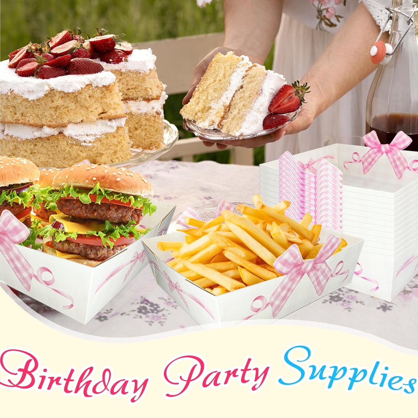 Pink Bow Paper Food Trays - 24Pcs Large Size Coquette Birthday Decorations Kraft Food Boat;Nacho Trays Bow Birthday Party Supplies for Valentines Wedding Baby Shower Party Decoration