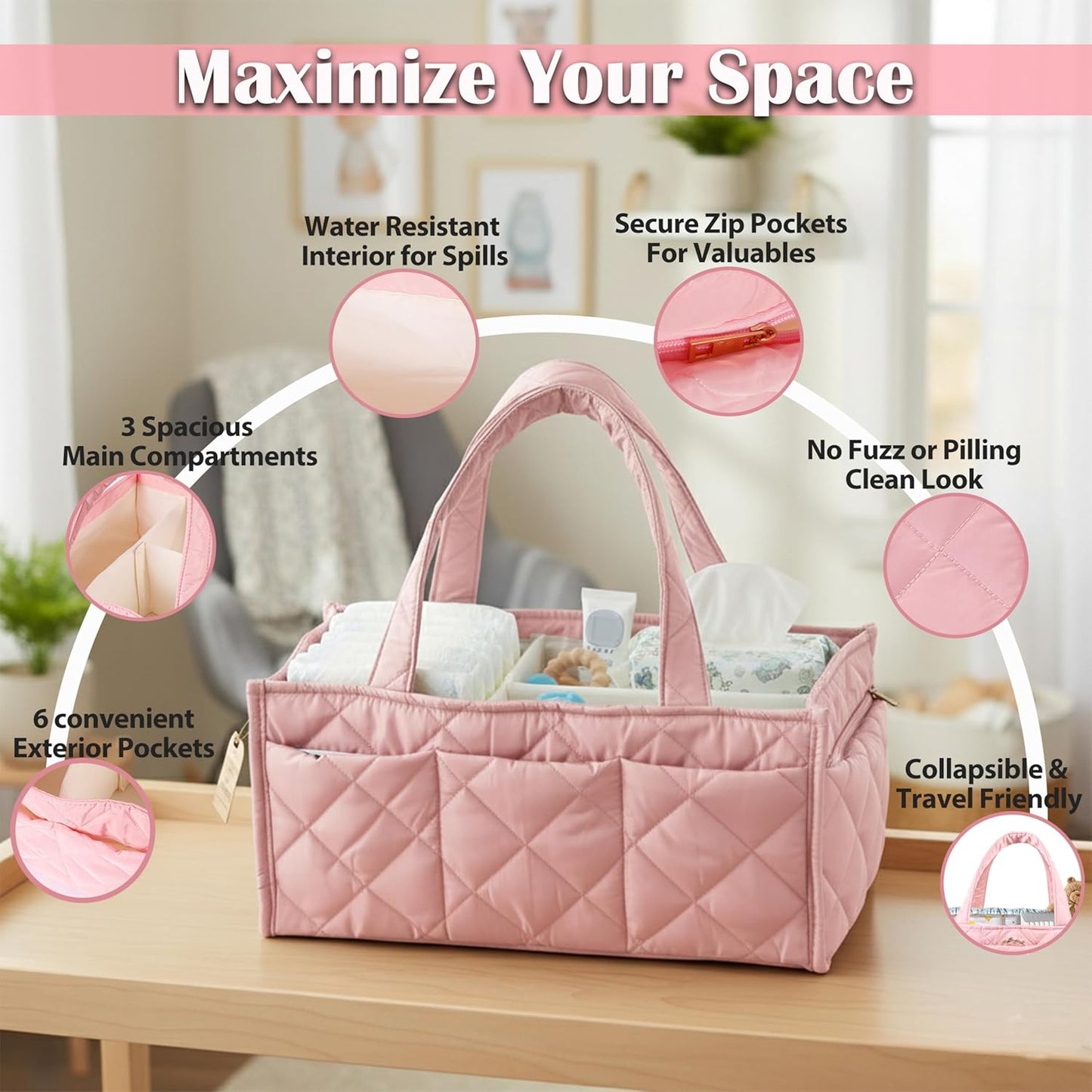 Baby Diaper Caddy Organiser with Zipper Pockets & Removable Dividers Soft Quilted Polyester & Silk Floss Nursery Storage Basket for Nappies, Wipes & Newborn Essentials, Baby Shower Gifts (Pink)