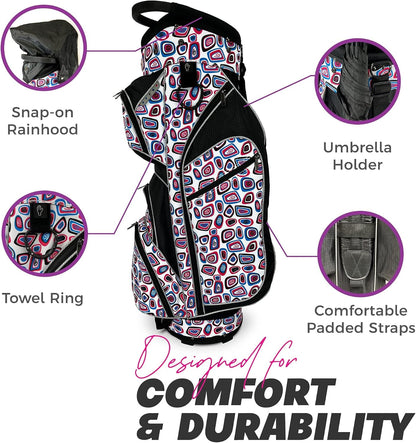 Taboo Fashions Ladies Golf Bag - 14-Way Women’s Golf Cart Bag with Insulated Cooler Pocket, Rain Hood, 7 Zippered Pockets & More - Stylish Golf Accessories for Women
