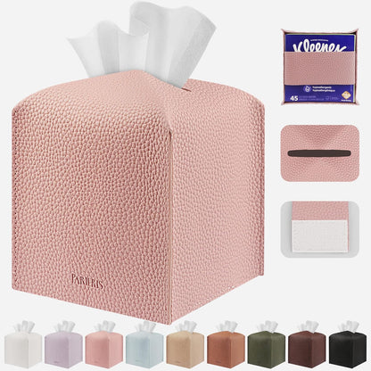 Tissue Box Cover Holder Square Tissue Cube Cover PU Leather Tissue Organizer with Bottom Belt for Bathroom, Tabletop, Car, Night Stands, Office, Home, Kitchen (1, PrettyPink)