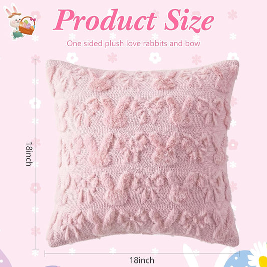Moukeren Bow Pillow Covers 18x18 Inch Set of 4, Cute Bunnies & Bowknot Design, Soft Plush Coquette Room Decor, Fluffy Spring Decorative Pillowcases for Couch Bed Sofa Living Room(Light Pink)