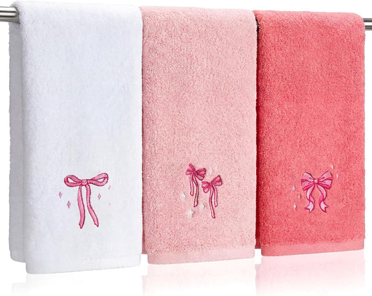 3 Pcs Pink Bow Hand Towels for Bathroom Pink Cute Bathroom Decor 14x29 Inch Coquette Bow Cotton Embroidered Decorative Bath Guest Hand Towels Soft Absorbent Kitchen Towel for Girls Home Decor Gifts