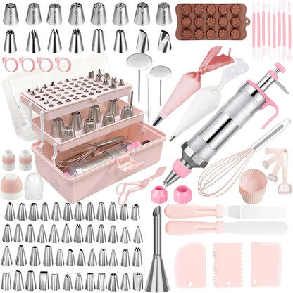 Gawren-H&E 208 PCS Cake Decorating Kit,Baking Supplies with Dessert Decorating Syringe Set,Storage Case,Icing Piping Bags and Tips Set,Frosting Fondant Bakery Set for Adults Beginners(Light Pink)