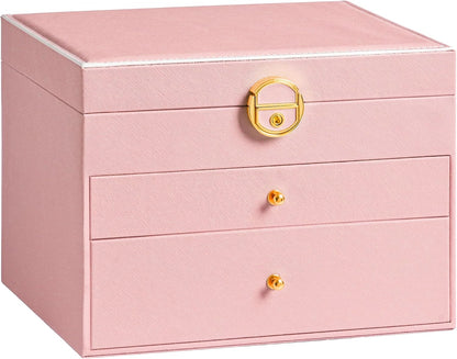 Jewelry Box, 3 Layers Leather Jewelry Storage Display Box for Women, Gift Case, 2 Drawers, Large Capacity for Necklace Earrings Bracelets Rings, Pink