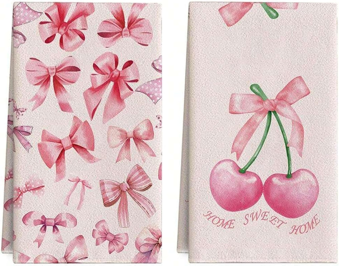 Disoza Bow & Cherry Pink 24 * 16 inch Microfiber Kitchen Towels, 2 Pack,Reusable Paper Tea Rags Hand Wash Cloths Dish Cleaning Towels for Kitchen Essentials Accesorios and Dishcloths Sets Rags