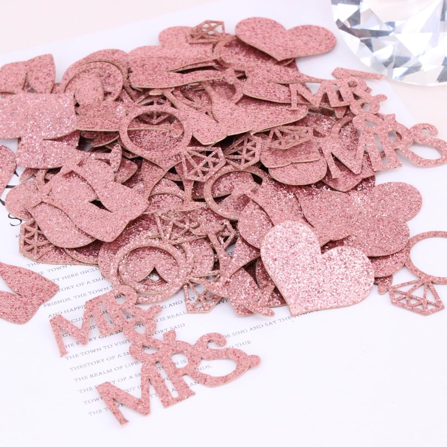 200PC Rose Gold Wedding Confetti for Bridal Shower Decorations Heart Ring Mr&Mrs Table Scatter for Bachelorette Engagement Party Decorations