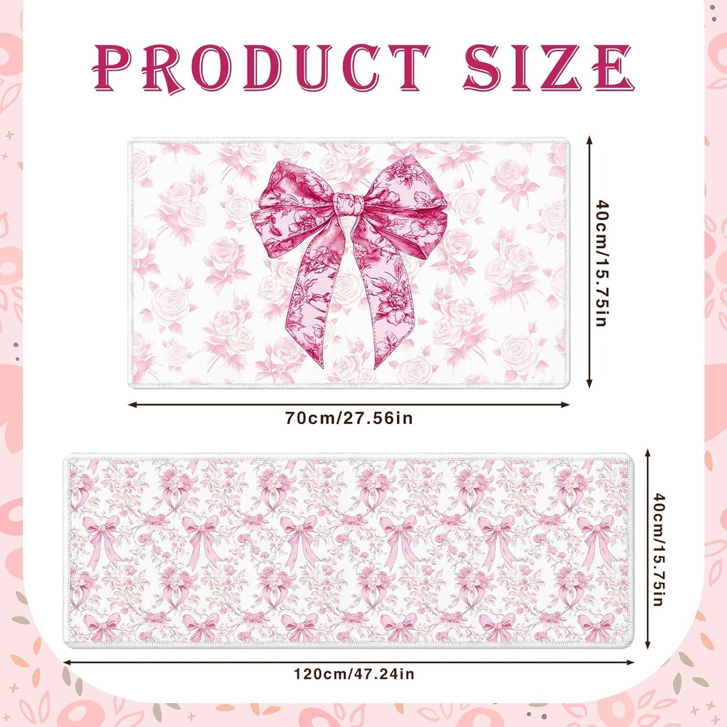 Pink Bow Kitchen Rug and Mat Set of 2, Cute Coquettte Non-Slip Kitchen Rugs, Pink Bow Sweet Decorations for Home Indoor Bathroom Living Room Sink Laundry Floor Decor 17x29 and 17x47 Inch