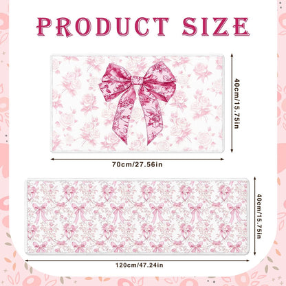 Pink Bow Kitchen Rug and Mat Set of 2, Cute Coquettte Non-Slip Kitchen Rugs, Pink Bow Sweet Decorations for Home Indoor Bathroom Living Room Sink Laundry Floor Decor 17x29 and 17x47 Inch