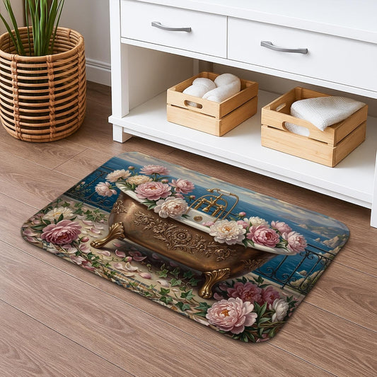 Vintage Romantic Quick Dry Bath Mat, Floral Peach Peonies Absorbent Non Slip Shower Mat, Spring Decorative Flannel Washable Bath Rugs for Bathroom Toilet Restroom 20x32 Inch