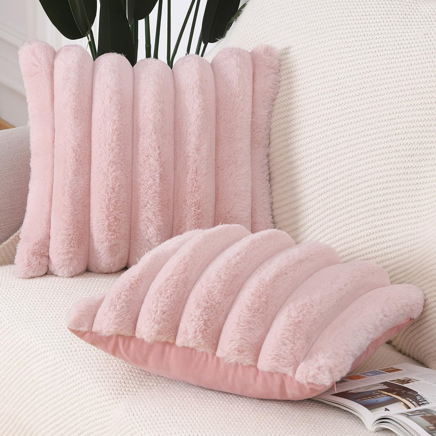 MADIZZ Plush Faux Wool Throw Pillow Covers 18x18 Inch Pink Set of 2 Fluffy Striped Soft Decorative Cushion Cover for Sofa Bedroom Pillow Shell