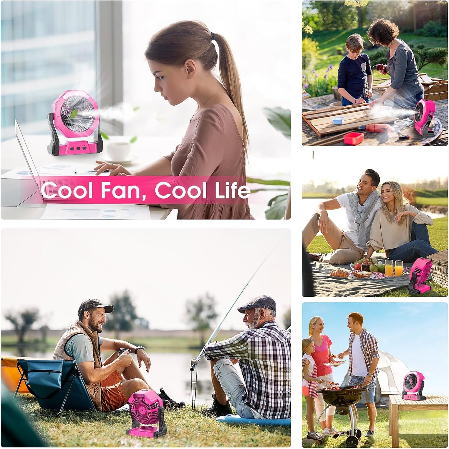 Ausic Portable Misting Fans, [Max 35H Runtime] Pink Outdoor Cooling Fan for Patios, 8 Inch Battery Operated Rechargeable Fans, Water Spray Fan with LED Light for Pets/Travel Beach Camping Essential