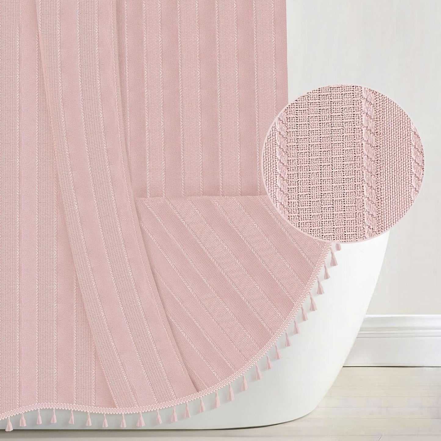 Seasonwood Pink Fabric Boho Shower Curtain Textured Vertical Stripe Tassel Shower Curtain Farmhouse Minimalist Cute Shower Curtains Pink, 72x72