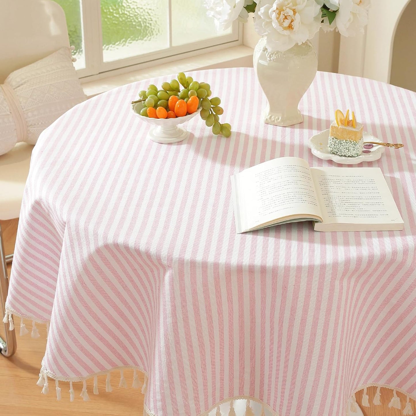 meioro Striped Round Tablecloth, Cotton Blend Fabric Pink Circle Table Cloth with Tassel, Washable Wrinkle Free Table Cover Cute Small Tablecloths for Card Coffee Tables Home Party - Round 60 Inch