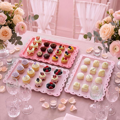 3 Pcs Pink Serving Trays Plastic Platters Dessert Cupcake Holder Party Supplies 14.4 x 9.3 Inches Rectangular Cookie Snack Display Tray for Wedding Restaurant