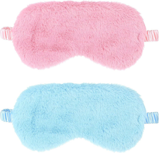 2 Pcs Plush Eye Mask Soft Sleeping Blindfold Eye Cover Comfortable Furry Faux Fur Sleeping Mask Satin Nap Night Eyeshade Cover for Women Men Gift (Blue, Pink)