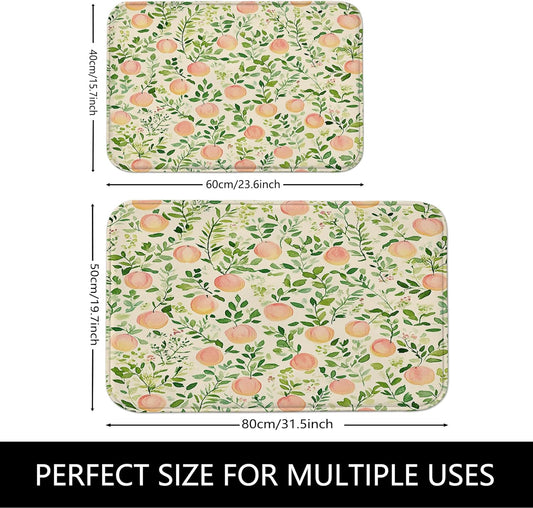 Peach Floral Quick Dry Bath Mat, Watercolor Fruit Botanical Absorbent Non Slip Shower Mat, Spring Summer Memory Foam Washable Bath Rugs for Bathroom Toilet Restroom Decorative 20x32 Inch