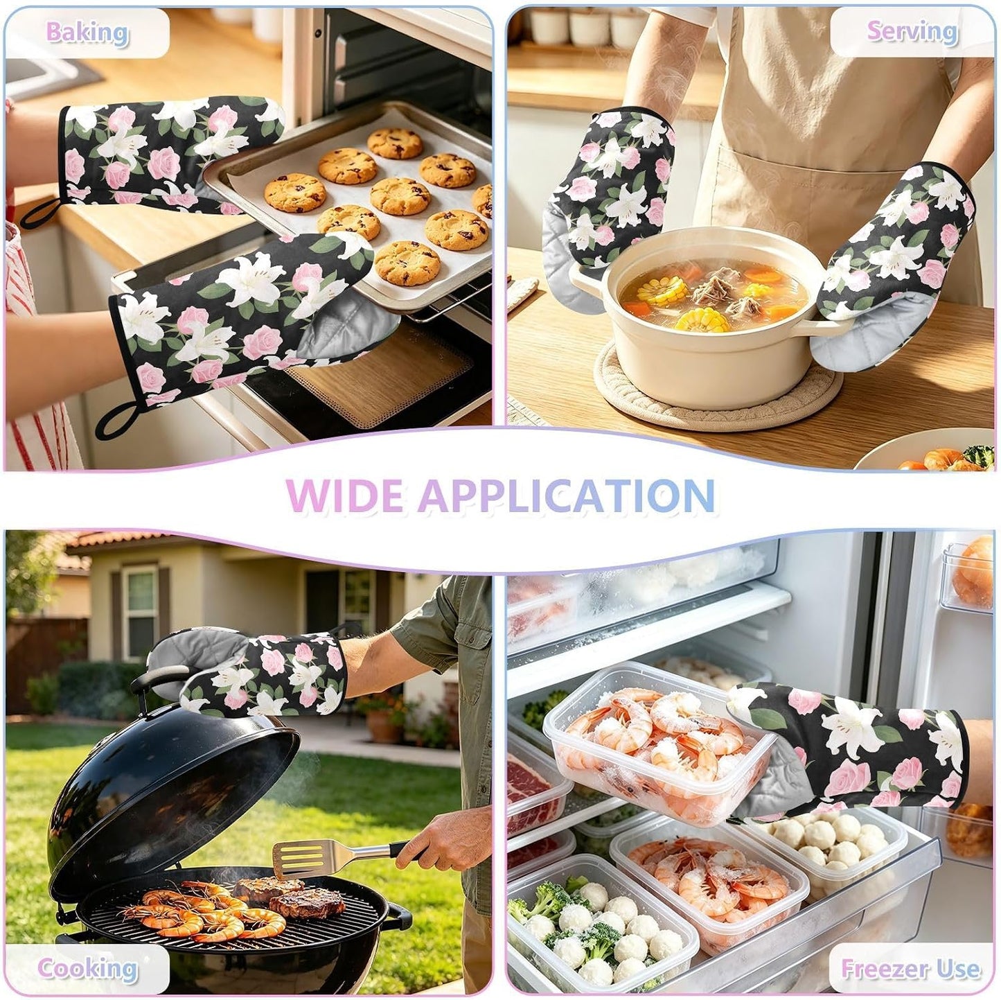 Oven Mitt 2 Pack Set Pink Roses and Lilies Flowers Kitchen Mitts Gloves for for Cooking Baking Grilling
