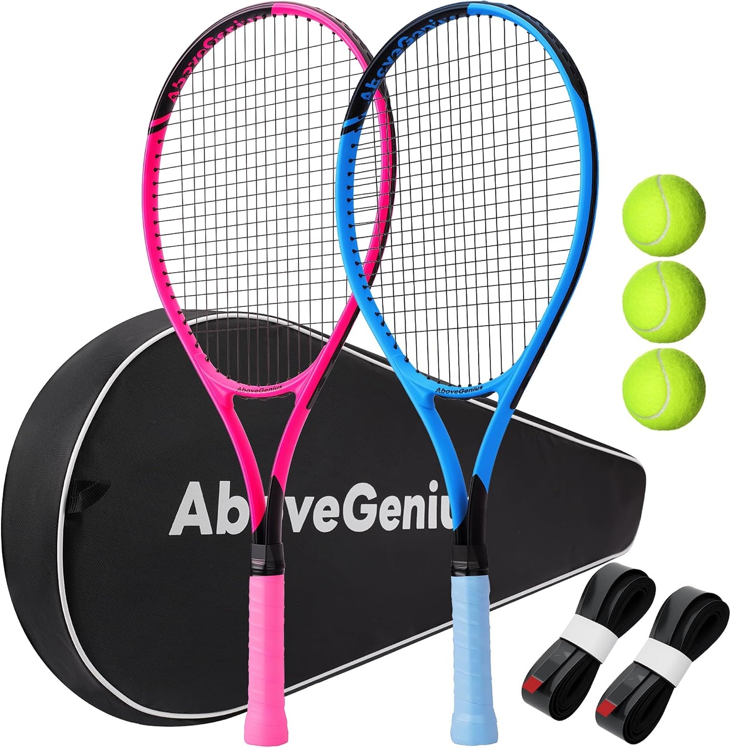 AboveGenius Neon Tennis Rackets 2 Pack for Adults- 27" Lightweight Aluminum Tennis Racquet Set with 3 Balls & Bag- Vibrant High-Visibility Matte Finish for Men Women Beginners