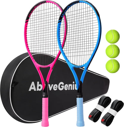 AboveGenius Neon Tennis Rackets 2 Pack for Adults- 27" Lightweight Aluminum Tennis Racquet Set with 3 Balls & Bag- Vibrant High-Visibility Matte Finish for Men Women Beginners