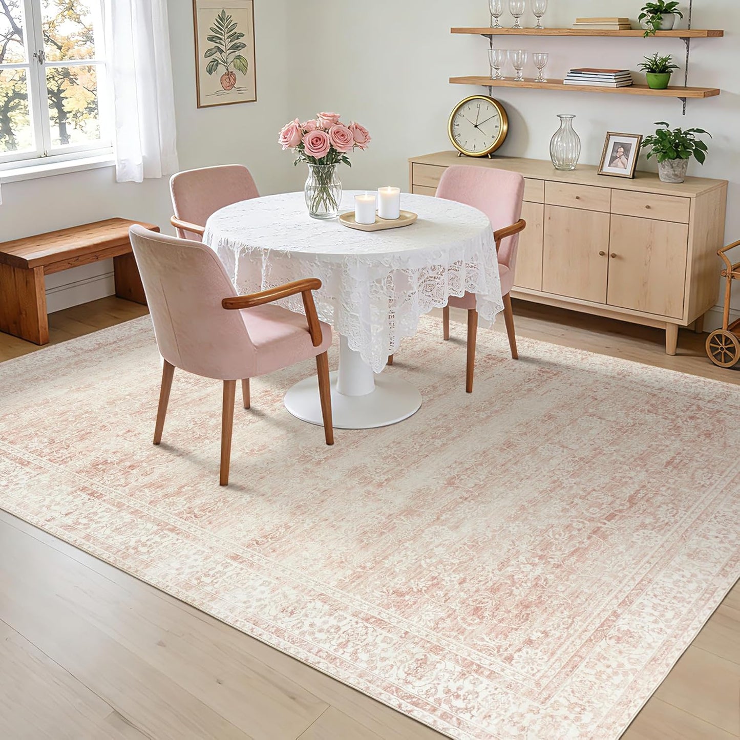 Light Pink Bedroom Rugs 6x9 Vintage Distressed Aesthetic Cute Boho Floral Feminine Low Pile Soft Carpet Machine Washable Stain Resistant Area Rugs for Kids Room Nursery Playroom Office 6 x 9