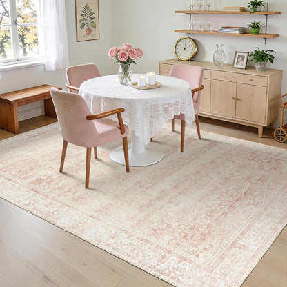 Light Pink Bedroom Rugs 6x9 Vintage Distressed Aesthetic Cute Boho Floral Feminine Low Pile Soft Carpet Machine Washable Stain Resistant Area Rugs for Kids Room Nursery Playroom Office 6 x 9