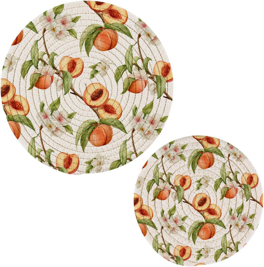 Naanle 2Pcs Tropical Fruits Peach Round Woven Pot Holders Trivets Set, Pure Cotton Coasters Placemats for Cooking Baking Hot Dish Pan Pot Bowl Teapot(7&9 Inches)