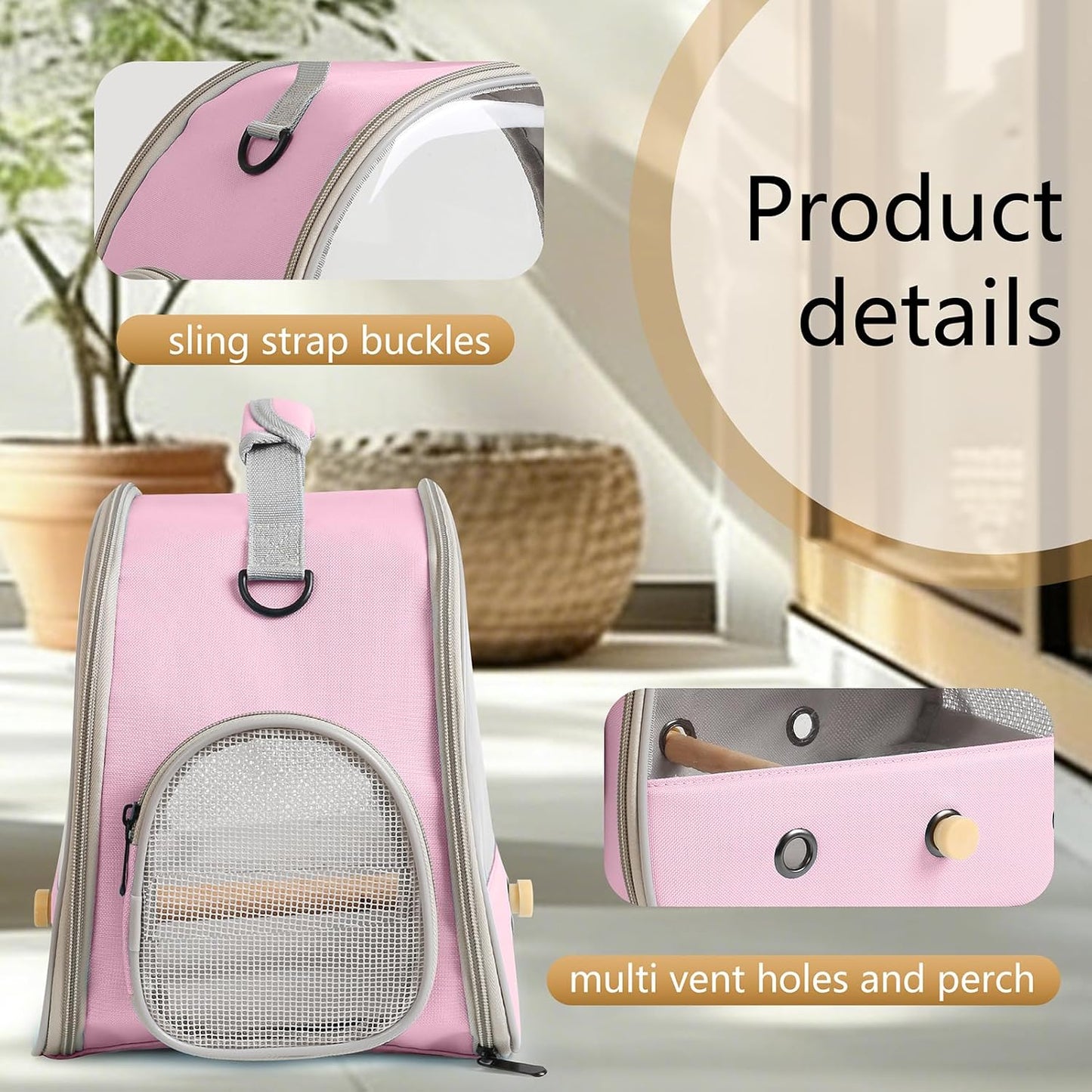 Bird Carrier, Portable Small Bird Parrot Parakeet Carrier with Standing Perch and Stainless Steel Tray, Side Access Window Collapsible (Pink, Clear Windows)