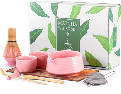 HELPLX Matcha Whisk Set, 10-Piece Japanese Matcha Kit with Bowl, Whisk & Holder, 2 Tea Cups, Bamboo Scoop, Spoon, Sifter, Scoop Rest & Tea Towel – Pink Matcha Tea Set for Ceremony or Daily Use