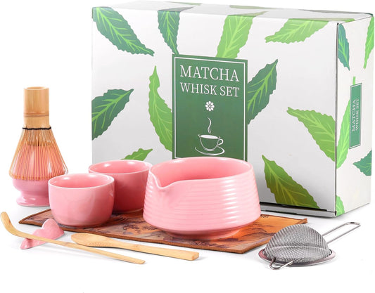 HELPLX Matcha Whisk Set, 10-Piece Japanese Matcha Kit with Bowl, Whisk & Holder, 2 Tea Cups, Bamboo Scoop, Spoon, Sifter, Scoop Rest & Tea Towel – Pink Matcha Tea Set for Ceremony or Daily Use