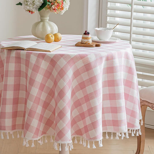 Pink Gingham Tablecloth with Tassels, Cotton Linen Checkered Plaid Table Cloth, Farmhouse Table Cover for Dining Table, Picnic, Baby Shower & Bridal Shower, Washable, 60 Inch Round