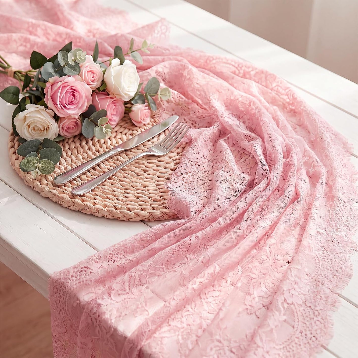 Newwiee 10 Pcs Rose Pink Lace Table Runner 31.5 x 120 Inch Embroidered Floral Cloths Romantic Table Runner for Wedding Bridal Shower Birthday Party Decorations