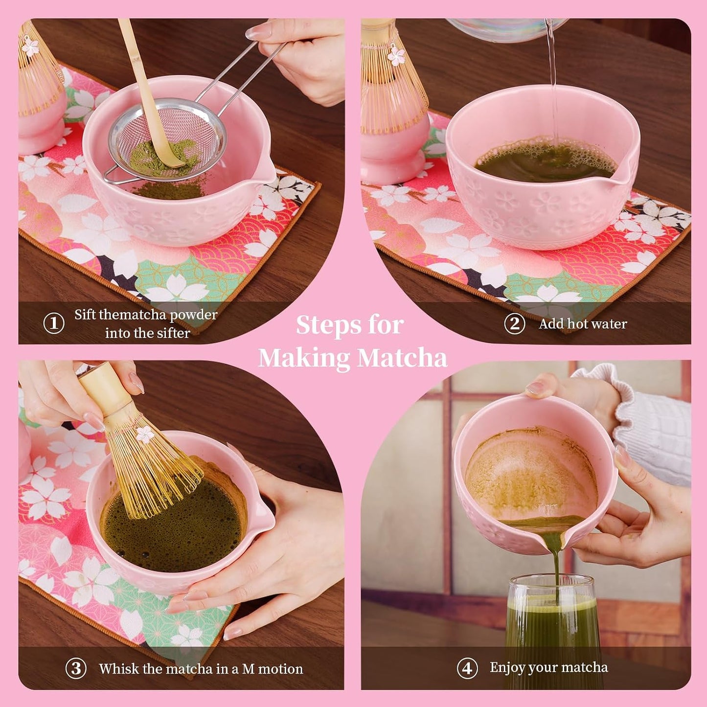 8-Piece Matcha Whisk Set with Ceramic Bowl – Complete Matcha Kit Pink | Includes ceramic bowl, bamboo whisk, scoop, holder, sifter & towel. Ideal for home tea ritual, beginners & matcha lovers.