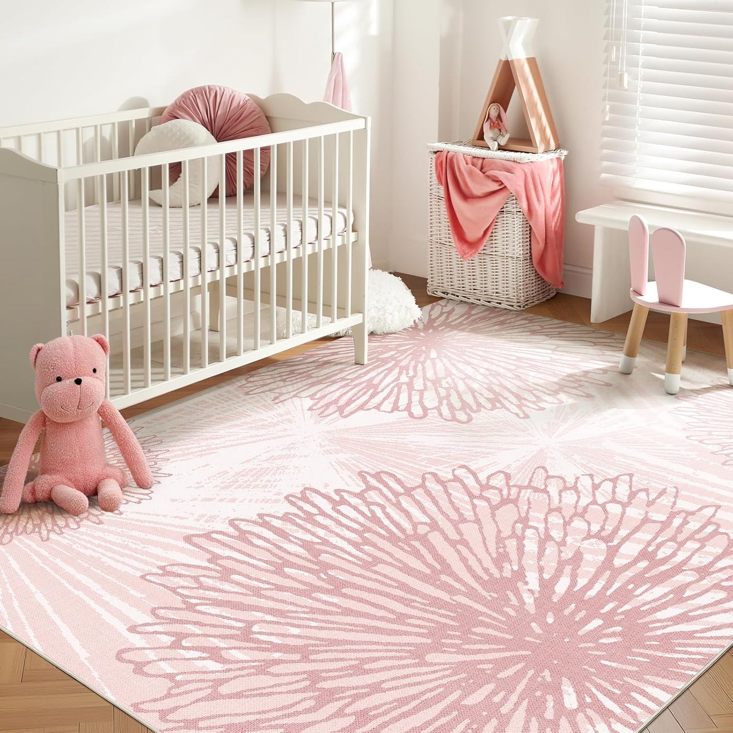 Pink Rugs for Bedroom Girls: 8x10 Modern Large Washable Soft Cute Boho Floral Pattern Area Rug Neutral Indoor Floor Non-Slip Carpet for Living Room Dining Nursery Kids Playroom Baby Room House Decor
