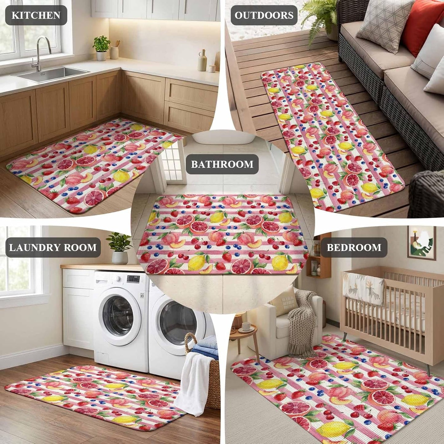 Living Room Rug Summer Peach Lemon Grapefruit Area Rug Washable Rugs for Bedroom Dining Room, Blueberry Strawberry Pink Stripe Non-Slip Absorbent Floor Carpet Area Rugs 63x91in