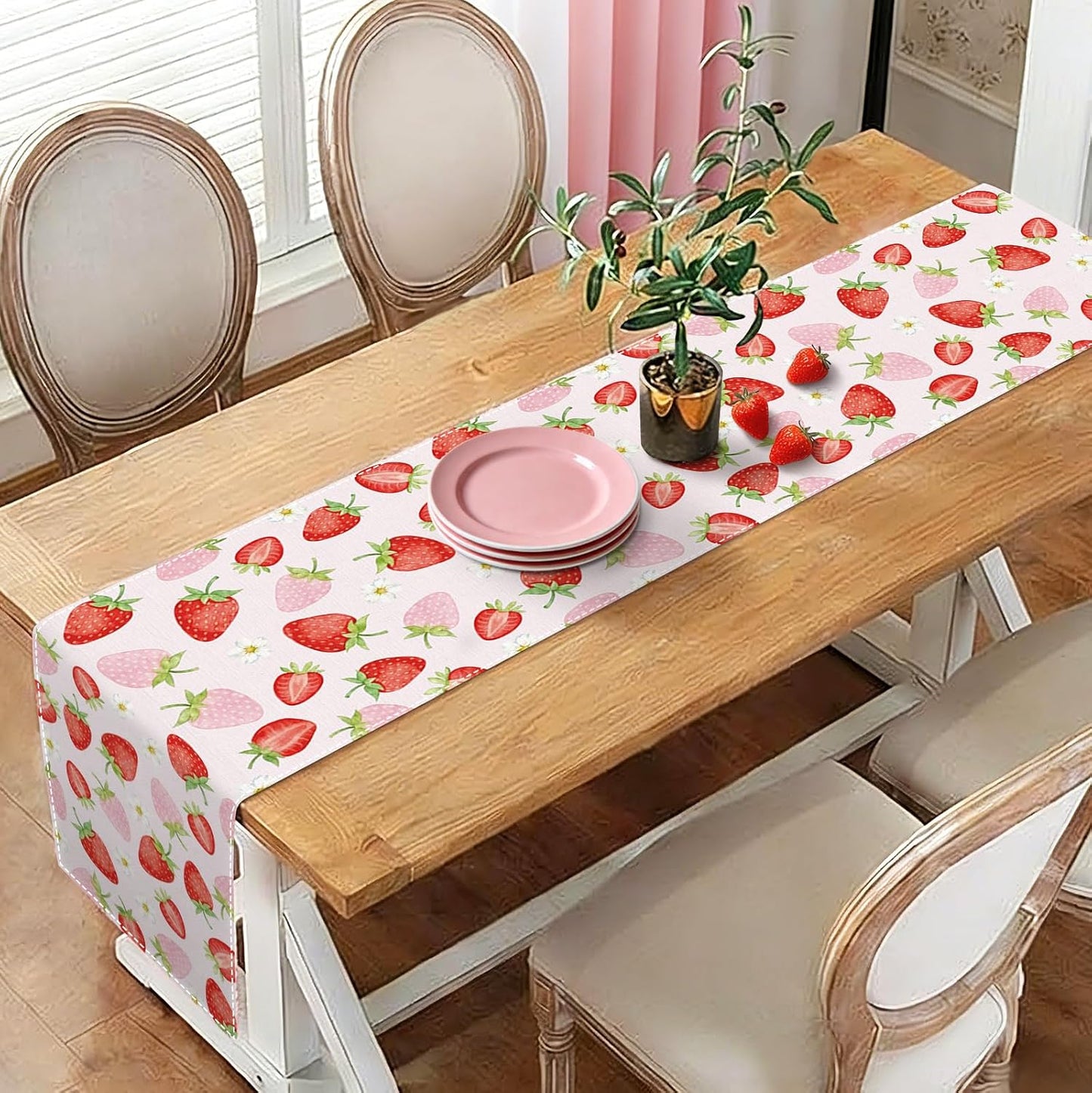Strawberry Print Table Runner, 72x13 inch, Pink Floral | Spring Summer Decor, Fruit Pattern, Dining Table Decor, Pink Background, White Flower Accents