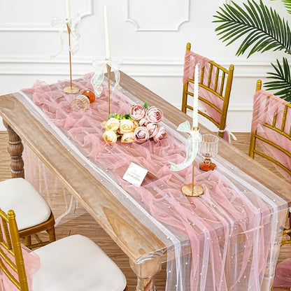 Dusty Pink Pearl Table Runner: Tulle 10ft Pearl Tulle Fabric Centerpieces Wedding Lace Tablecover Arch for Bridal Shower Veil Baby Shower Sweetheart Birthday Table Decorations