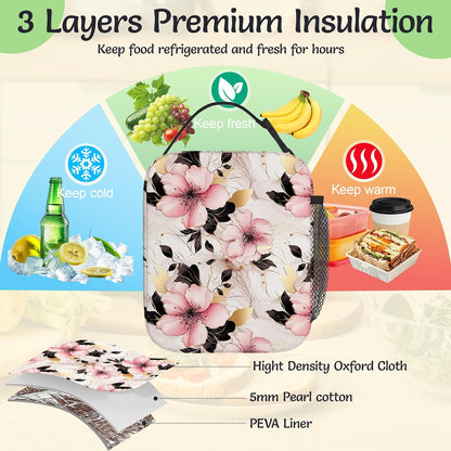 Insulated Lunch Bag,Pink Flowers Durable Lightweight Lunch Box for Kids,Gold Floral Portable Thermal Picnic Cool Bags Girls Boys School Daycare,Work,Camping