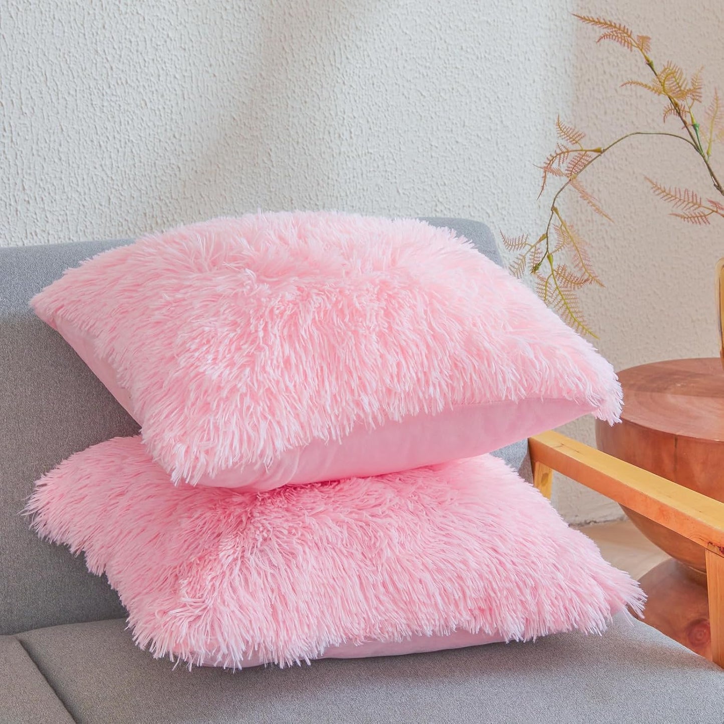 Pink Fluffy Faux Fur Throw Pillow Covers 18"x18", Shaggy Plush Fuzzy Furry Decorative Pillowcase Set for Sofa, Bedroom, or Living Room